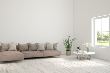 Fototapeta premium White living room with sofa. Scandinavian interior design. 3D illustration