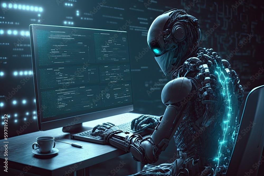 Poster futuristic robot typing and learning with laptop, chat bot. generative ai