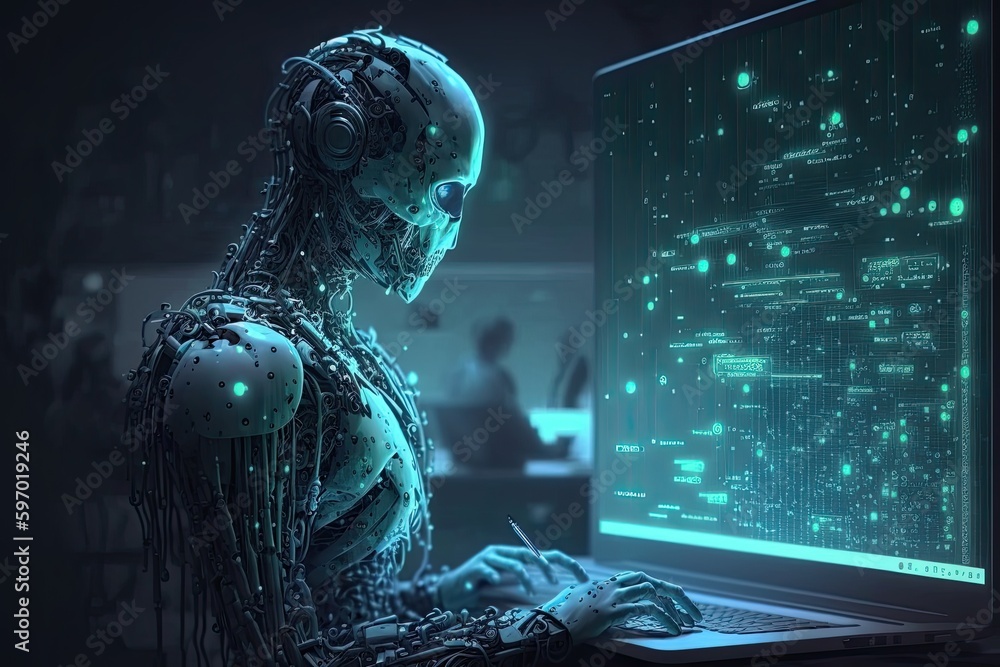Poster futuristic robot typing and learning with laptop, chat bot. generative ai