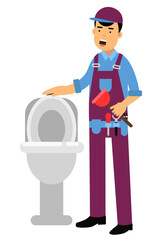 male plumber with plunger and toilet bowl