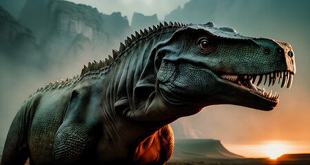 Obraz premium Photorealistic dinosaur creature in a natural environment 66 million years ago in the ancient era