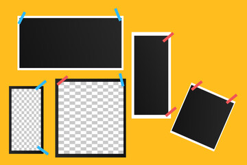 vector set off Polaroid photo frames fixed with adhesive tape on a transparent background. Photo frame on sticky tape, isolated.