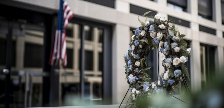 An image of an American flag to honor fallen soldiers, with a wreath of flowers in the foreground
