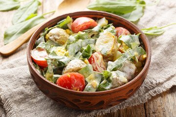 Rustic salad of boiled eggs, potatoes, tomatoes and fresh herbs seasoned with yogurt close-up in a bowl on a wooden table. Horizontal