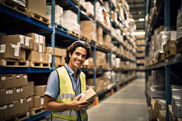 Warehouse worker in warehouse picks goods or packages - mail order, logistics or inventory theme - Generative AI
