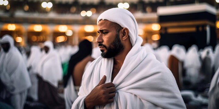 performing the Hajj pilgrimage during Eid al-Adha, dressed in Ihram and praying in front of the Kaaba Generative AI