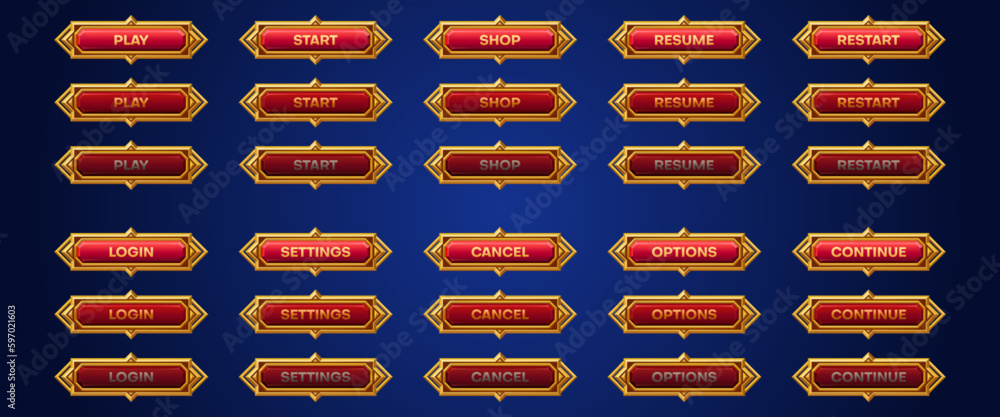Poster cartoon set of medieval game buttons animation set. vector illustration of red bars with golden fram
