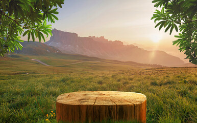 Tree Table wood Podium in farm display for food, perfume, and other products on nature background,...