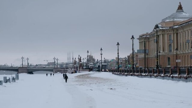 Video of Universitetskaya Embankment at the winter day. Saint Petersburg, Russia