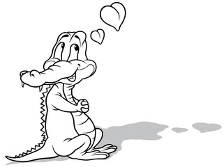 Drawing of a Cute Amorous Crocodile with Hearts