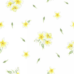 Yellow plumeria flowers. Tropical exotic flowers. Watercolor seamless pattern on a white background. For fabric, wallpaper, scrapbooking, packaging paper