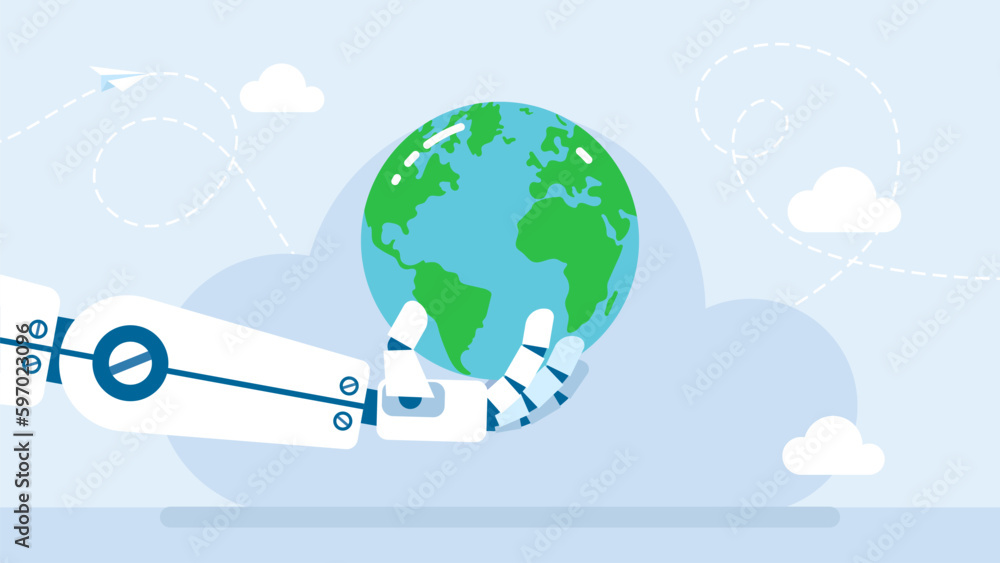 Poster robot hand holding the world or planet earth. ai or artificial intelligence concept. the power of ar