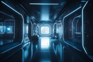 Futuristic interior with luminous walls. Generative AI