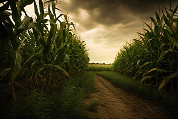 Cornfield Path Through Farm on Stormy Day - Photo Art Created with Generative AI and Other Techniques