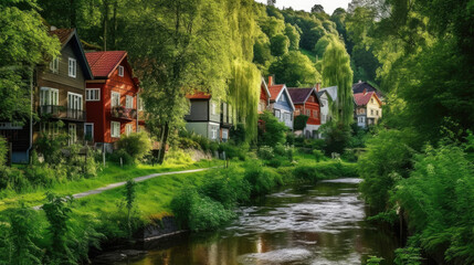 Fototapeta na wymiar Scandinavian-style suburban houses village, that breaks away from the conventional asphalt roads and instead is covered in a thriving, wild green forest with a tranquil stream running through it.