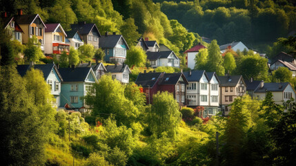Fototapeta premium Scandinavian-style suburban houses village, that breaks away from the conventional asphalt roads and instead is covered in a thriving, wild green forest with a tranquil stream running through it.
