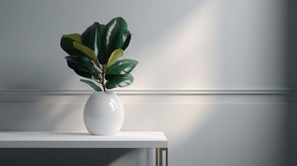 3D Illustration of a plant in a white bowl on the floor, in the style of light gold and dark emerald, home decoration, light green and dark gray