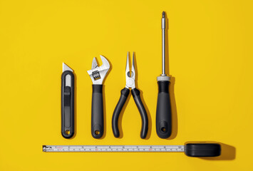 Flat lay composition with set of home repair tools on bright yellow background. Top view pattern with copy space.