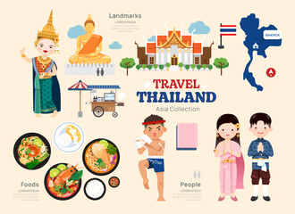 Travel Thailand flat icons set. Siam element icon map and landmarks symbols and objects collection. vector illustration.