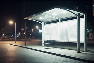 Digital Media Blank white billboard at bus station, signboard for product advertisement .design , advertising light box billboard, generative AI