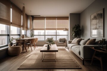 Obraz na płótnie Canvas Stylish apartment living space with window coverings. Generative AI