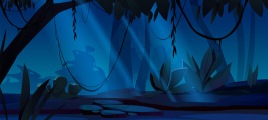 Dark forest landscape at night. Jungle scenery with silhouettes of trees, plants and bushes in moonlight. Glade in deep woods or park at night, vector cartoon illustration © klyaksun