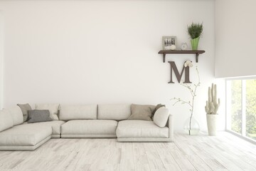 White living room with sofa. Scandinavian interior design. 3D illustration