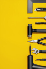 Flat lay composition with set of home repair tools on bright yellow background. Top view pattern with copy space.