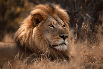 A lion with a lush mane resting on the grass, ai-generated artwork