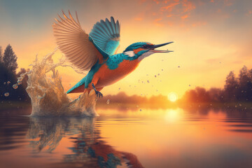 The Beautiful kingfisher diving for catching fish , Amazing moment Flying bird, generative AI