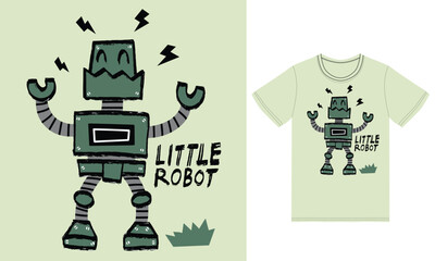 Cute robot illustration with tshirt design premium vector