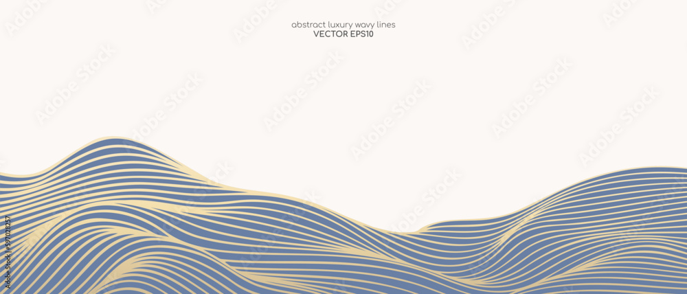 Poster vector abstract line art wavy smooth flowing dynamic gold gradient isolated pastel blue and beige ba