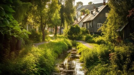 Fototapeta na wymiar Scandinavian-style suburban houses village, that breaks away from the conventional asphalt roads and instead is covered in a thriving, wild green forest with a tranquil stream running through it.