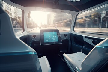 Fototapeta na wymiar Smart Autonomous Electric self driving bus, Driverless, Smart autonomous public transport, 3D render illustration, Generative AI