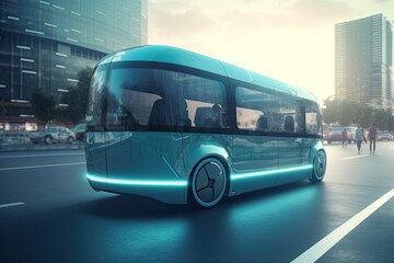 Smart Autonomous Electric self driving bus, Driverless, Smart autonomous public transport, 3D render illustration, Generative AI