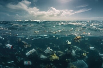 Plakat Plastic waste and garbage under water in the ocean. Climate change, the concept of protecting the environment, and water resources. Generative AI.