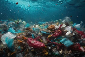 Fototapeta premium Plastic waste and garbage under water in the ocean. Climate change, the concept of protecting the environment, and water resources. Generative AI.