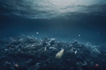 Fototapeta premium Plastic waste and garbage under water in the ocean. Climate change, the concept of protecting the environment, and water resources. Generative AI.