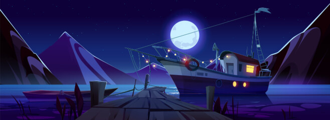 Night mountain lake with boat moored at pier. Vector cartoon illustration of midnight lanscape with rocky range, fishing vessel with garland, wooden jetty, dark midnight sky with stars and full moon