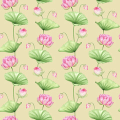Blossoms and flowers of lotus on the yellow background. Watercolor seamless pattern. Background with water lilies. For fabric, textiles, wallpaper, digital paper, scrapbooking