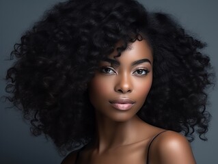 Beautiful model woman with long curly hairstyle. Care and beauty hair products. Generative AI