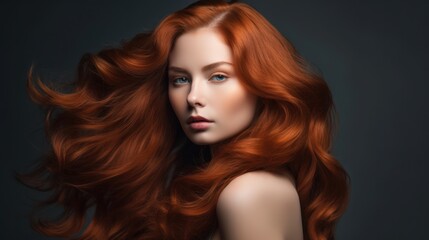 Fototapeta premium Beautiful model woman with long curly hairstyle. Care and beauty hair products. Generative AI
