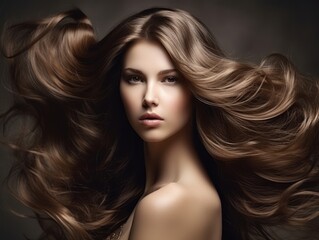 Naklejka premium Beautiful model woman with long curly hairstyle. Care and beauty hair products. Generative AI