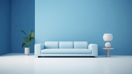 Blue sofa on blue background. Generative AI
