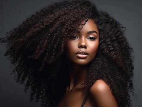 Beautiful model woman with long curly hairstyle. Care and beauty hair products. 