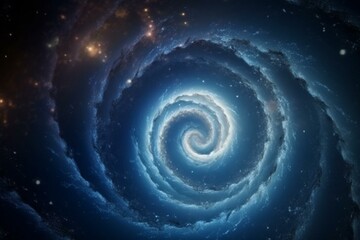 A massive spiral in space with blue center & dark gas cloud surrounded by stars. Generative AI