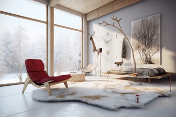 modern living room with a bold red accent chair and a plush white rug. Generative AI