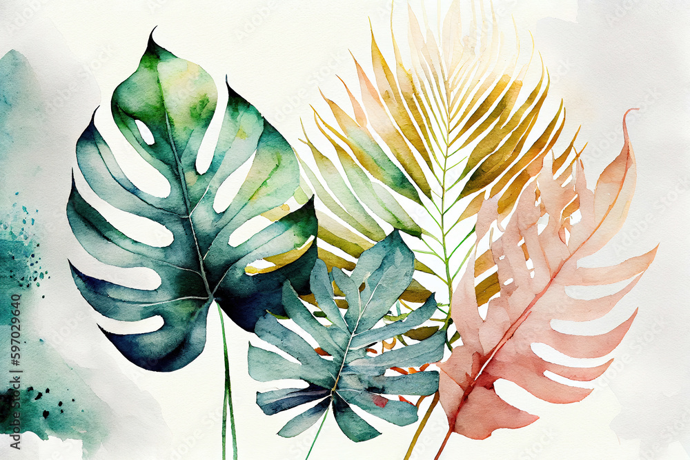 Wall mural tropical leaves painted in watercolor as digital background illustration (generative ai)