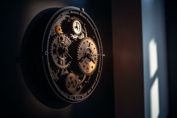 A clock with gears and shadow on wall. Generative AI