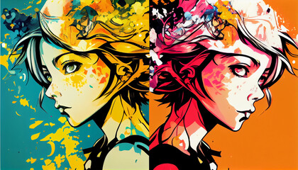 Naklejka premium Colorfull pop art manga girl with vibrant colors for posters 